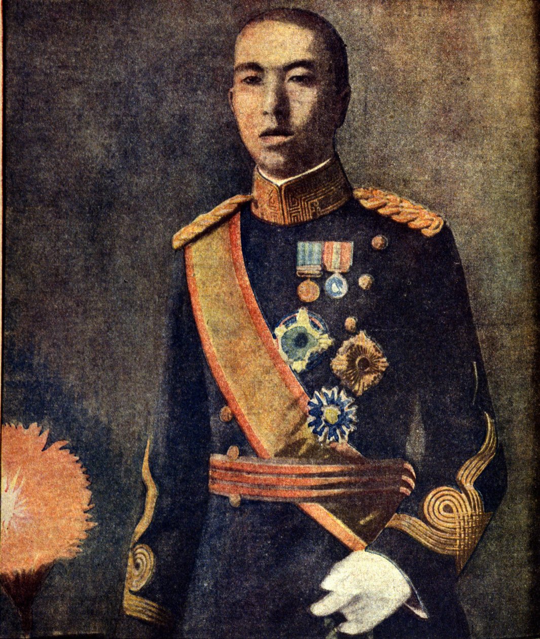 摄政时期的裕仁天皇（1901 - 1989 年）肖像。20 世纪 30 年代的日本报刊。 作者 日本学校