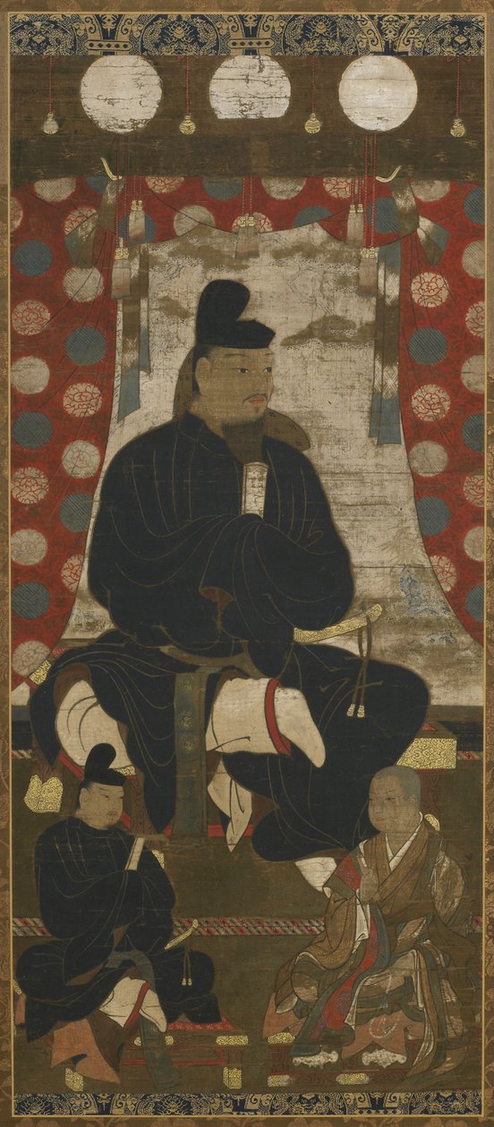 Fujiwara no Kamatari（614-669）的肖像，有两个儿子，室町时代（墨水上的墨水，颜色和金色） 作者 日本学校
