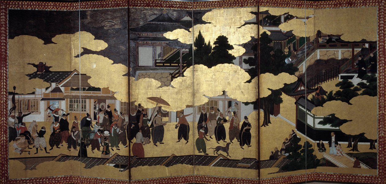 “葡萄牙”屏风：代表 16 世纪葡萄牙耶稣会传教士抵达日本。 由卡诺学派（？）实现。 1593-1600。 里斯本古代艺术博物馆 作者 日本学校