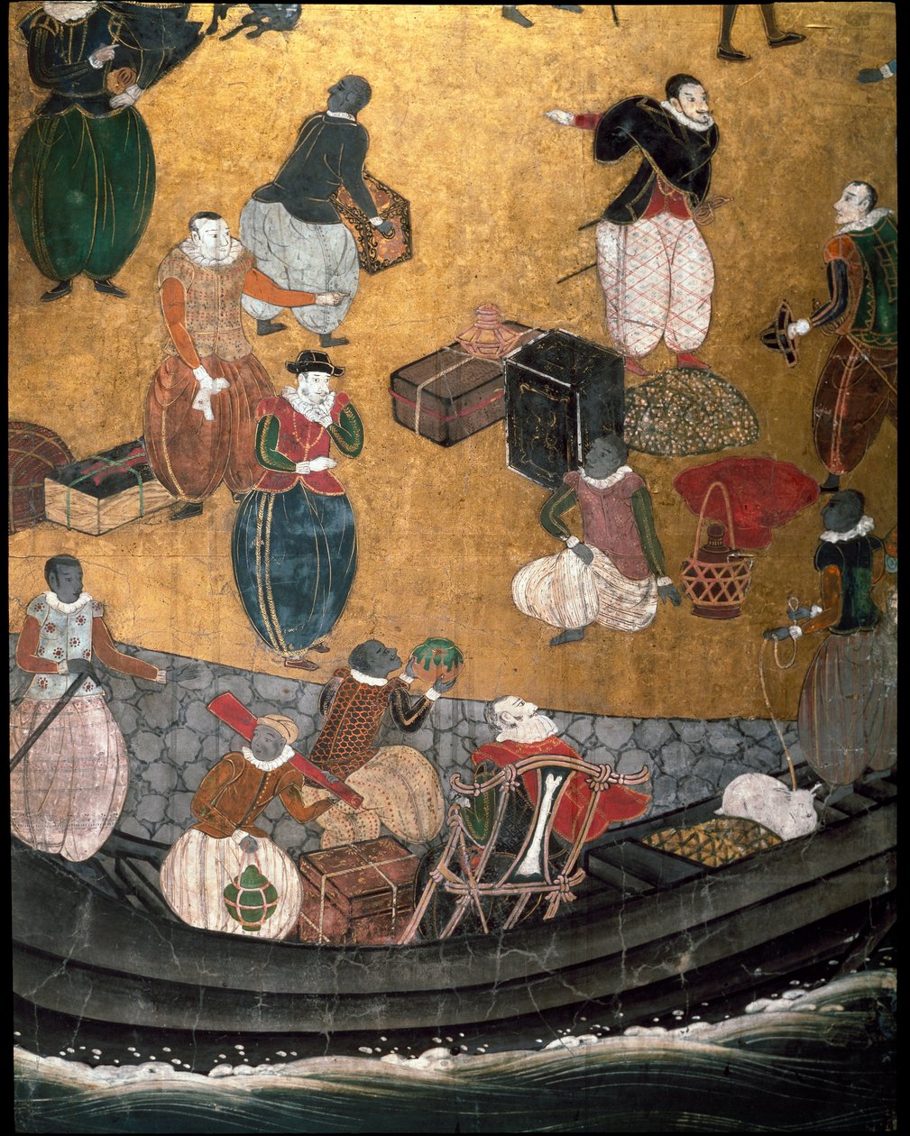 代表耶稣会葡萄牙传教士于16世纪抵达日本的“葡萄牙”屏幕-1590-1614-代表食物吠叫的细节-Namban School 作者 日本学校