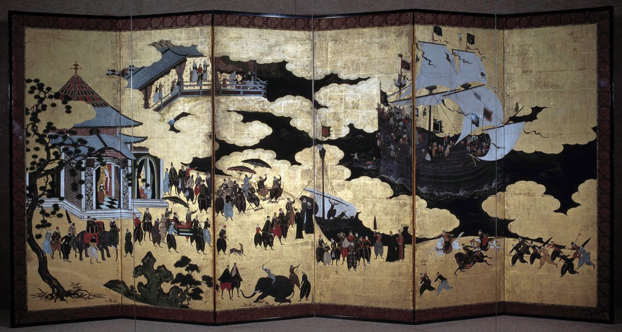“Portuguese” screen representing the arrival of Portuguese Jesuit missionaries in Japan in the 16th century. 1590-1614. Kano School (?) Lisbon. National Museum of Ancient Art 作者 日本学校