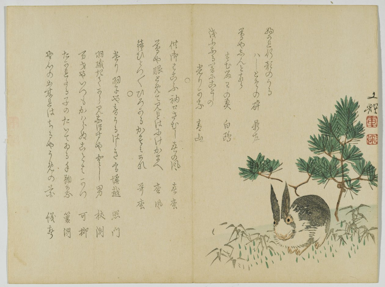 新年松下的兔子，1860年（木版画） 作者 日本学校