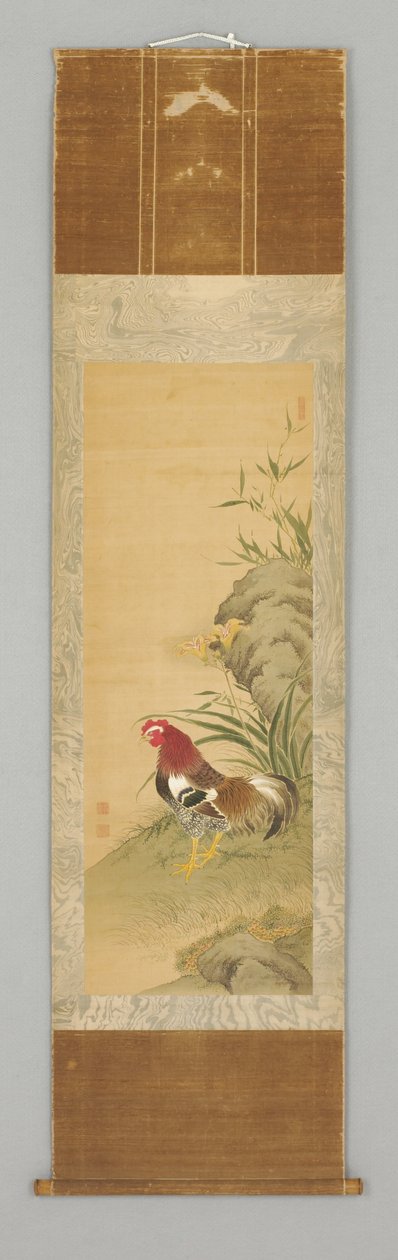 Rooster by a Rock, late 18th or early 19th century (Hanging scroll: ink and colour on silk, wood) 作者 日本学校