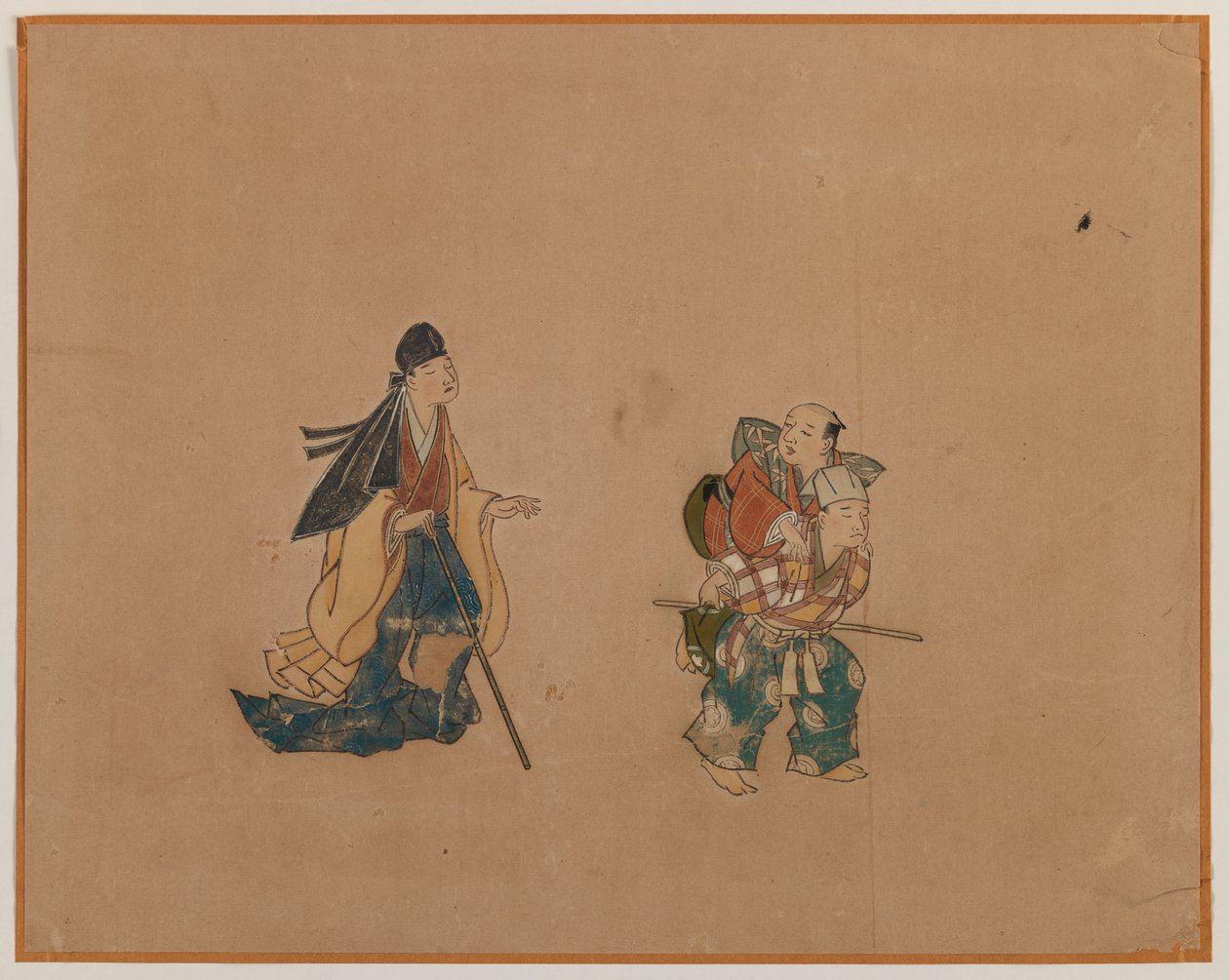 Samurai和Two Blindmen，专辑叶画（纸上的墨水和颜色） 作者 日本学校