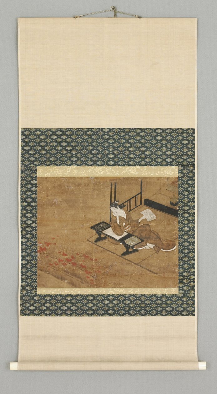 坐着的女性人物，18 世纪初（带有象牙旋钮的水彩画） 作者 日本学校