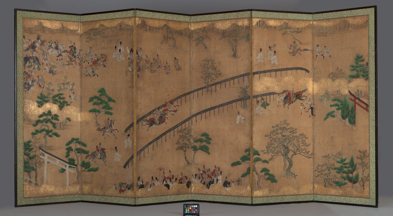 六扇门屏幕。加茂的赛马
神社，18世纪初（水墨、金色颜料、色彩、金箔、纸上
纸上）。) 作者 日本学校