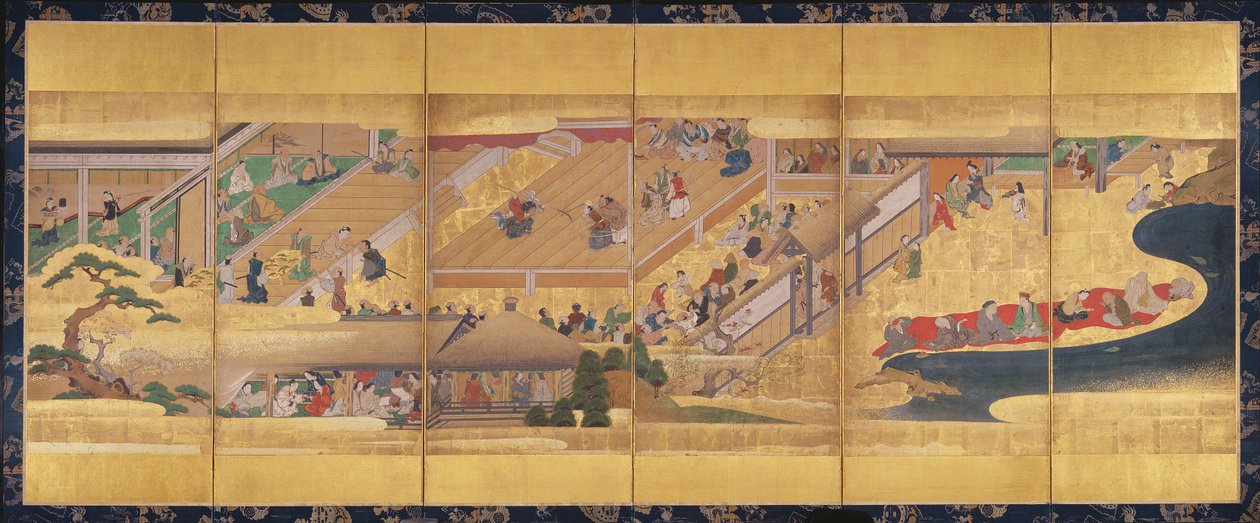 六折屏风，带有《能剧船辨庆》，c.1660（彩色、五彩、墨水和金纸本） 作者 日本学校
