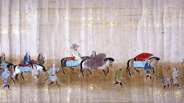 1651年德川家纲继位时在明治1年的第六次韩国驻日本大使馆，可能是狩野正信（1625-94）的作品（卷轴画）（细节）。 作者 日本学校