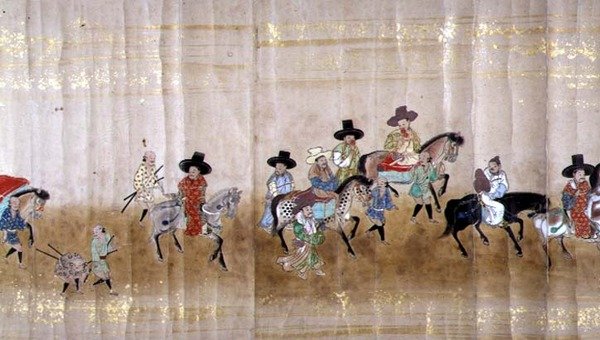 1651年德川家纲继位时在明治1年的第六次韩国驻日本大使馆，可能是狩野正信（1625-94）的作品（卷轴画）（细节）。 作者 日本学校