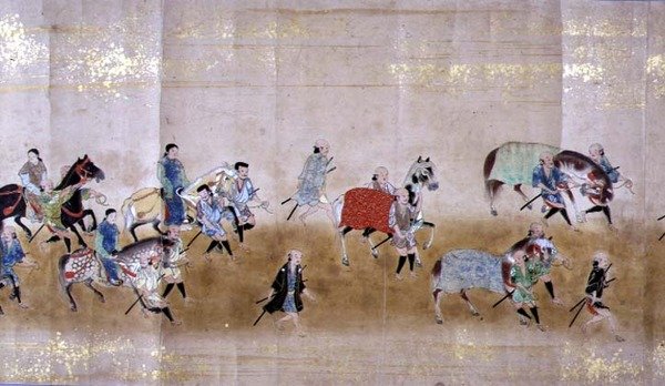 1651年德川家纲继位时在明治1年的第六次韩国驻日本大使馆，可能是狩野正信（1625-94）的作品（卷轴画）（细节）。 作者 日本学校