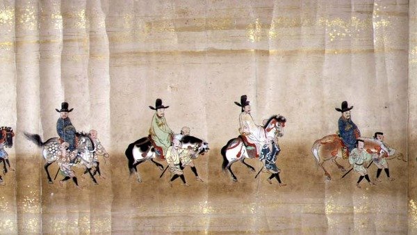 1651年德川家纲继位时在明治1年的第六次韩国驻日本大使馆，可能是狩野正信（1625-94）的作品（卷轴画）（细节）。 作者 日本学校