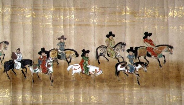 1651年德川家纲继位时在明治1年的第六次韩国驻日本大使馆，可能是狩野正信（1625-94）的作品（卷轴画）（细节）。 作者 日本学校