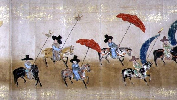 1651年德川家纲继位时在明治1年的第六次韩国驻日本大使馆，可能是狩野正信（1625-94）的作品（卷轴画）（细节）。 作者 日本学校