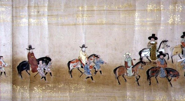 1651年德川家纲继位时在明治1年的第六次韩国驻日本大使馆，可能是狩野正信（1625-94）的作品（卷轴画）（细节）。 作者 日本学校