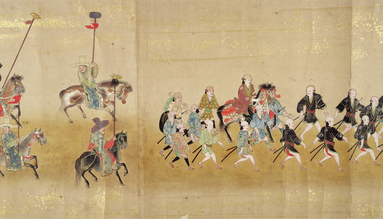 在1651年德川Ietsunas继承时，在Meireki 1的第六个韩国驻日使馆，可能是Kano Masunobu（1625-94）（卷轴画）（细节） 作者 日本学校