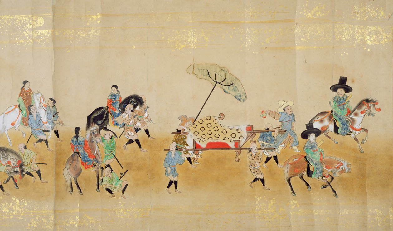 在1651年德川Ietsunas继承时，在Meireki 1的第六个韩国驻日使馆，可能是Kano Masunobu（1625-94）（卷轴画）（细节） 作者 日本学校