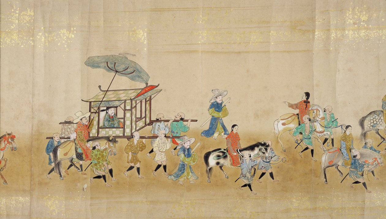 在1651年德川Ietsunas继承时，Meireki 1中的第六个韩国驻日使馆，可能是Kano Masunobu（1625-94）（卷轴画）（详情）（另见120833） 作者 日本学校