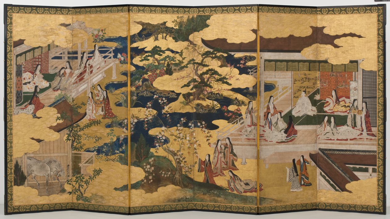 宫殿中的春天，源于源氏物语的六重屏幕，c.1650（墨水，颜色和纸上的金色） 作者 日本学校