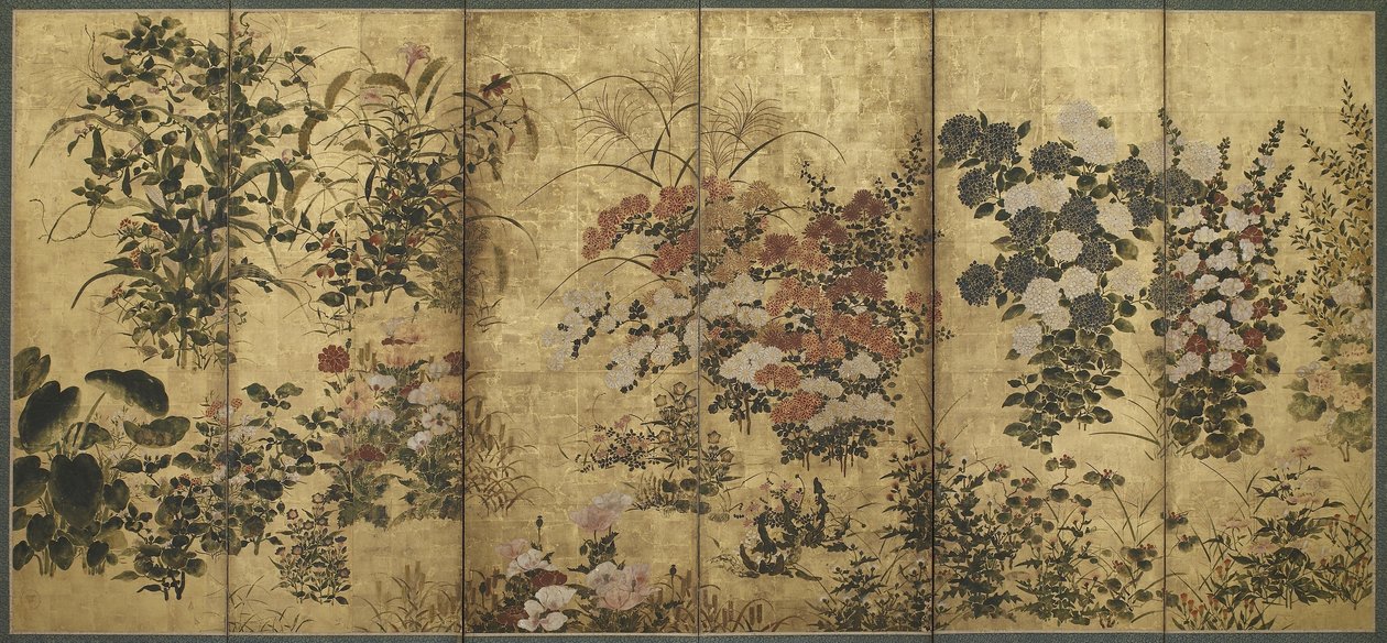夏季和秋季的花朵，江户时代，1615-68（彩金纸） 作者 日本学校