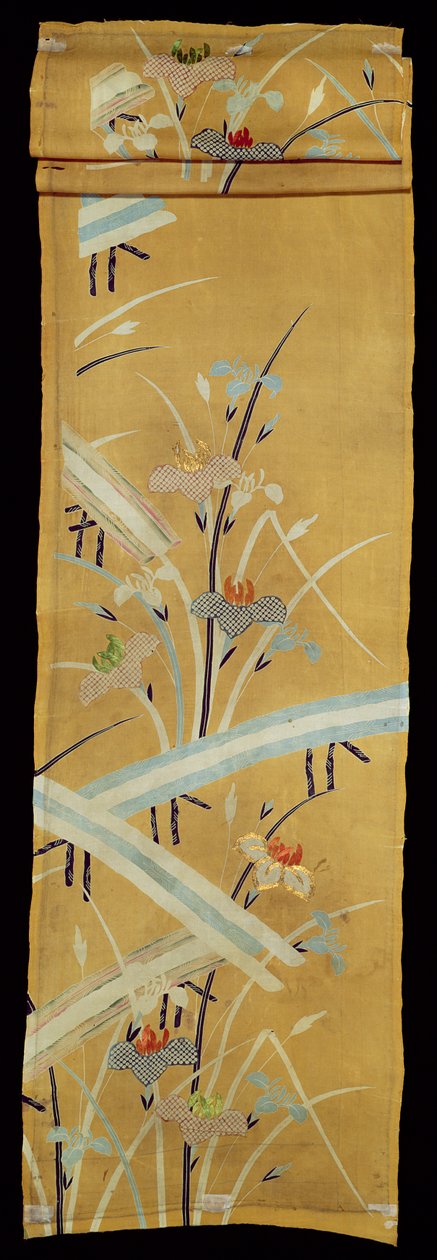 带有鸢尾花和纤维的纺织品样品（带有印花细节的刺绣丝绸） 作者 日本学校