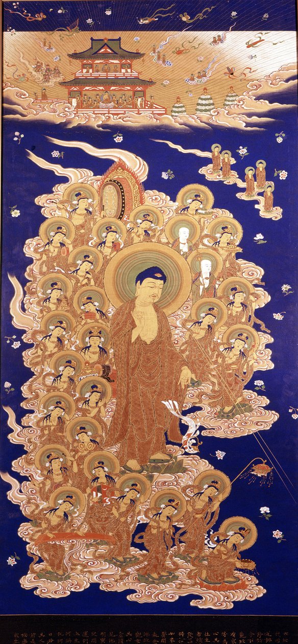 阿弥陀佛从天而降，是阿弥陀佛的日文名。 大和派的绘画 - 16 世纪的 E。 热那亚，基奥索内博物馆。 作者 日本学校