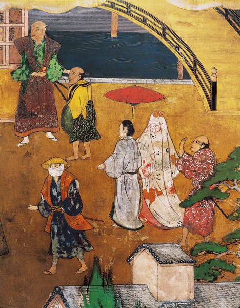 日本葡萄牙人的到来，街景的细节，从Namban Byobu屏幕，1594-1618 作者 日本学校
