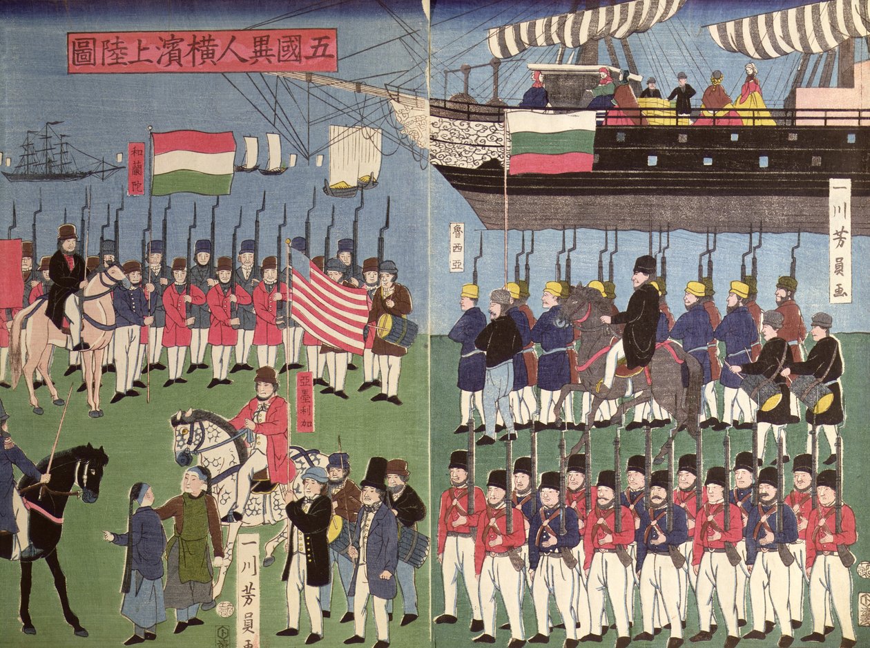 1853年佩里准将中队抵达日本港口（彩色木版画） 作者 日本学校