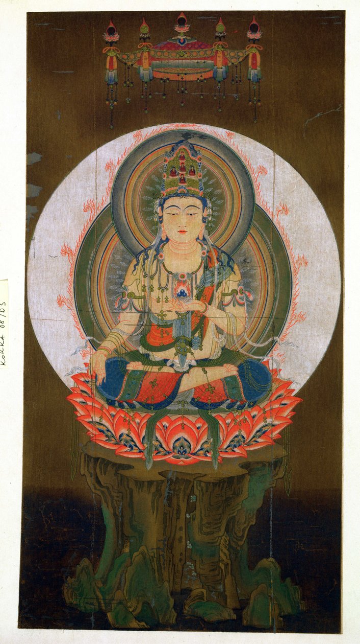 Bodhisattva Akashagarba手持Cintamani（愿意给予）左手宝石，坐在莲花上，插图是9世纪从Daigo神庙的kakemono，出版于Th 作者 日本学校