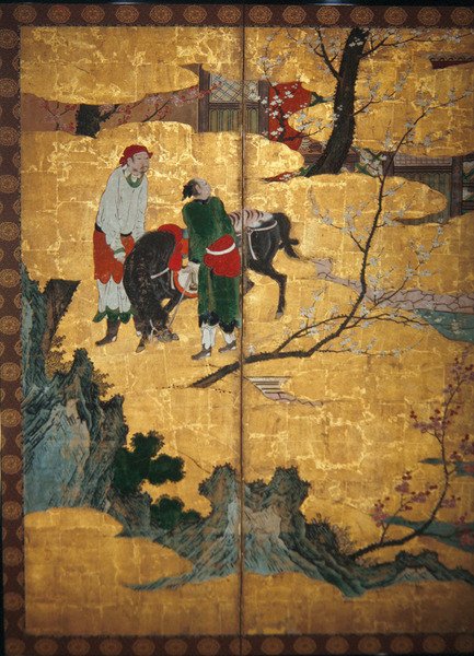 上山四贤的法庭访问; Su Shis参观风水洞，从一对六面板折叠屏幕，桃山时代的细节（wc＆黄金在纸上） 作者 日本学校