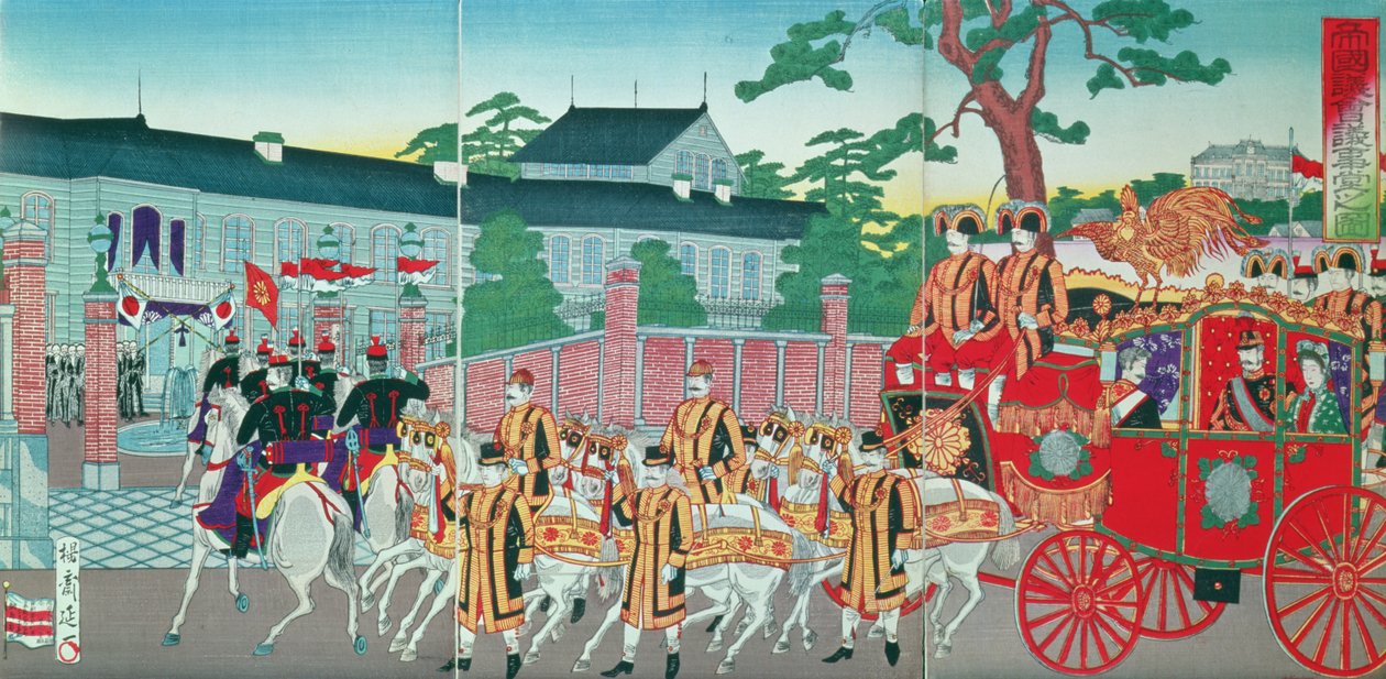 Mutsuhito皇帝（1852-1912）回到19世纪末的东京宫殿（彩色木版画） 作者 日本学校