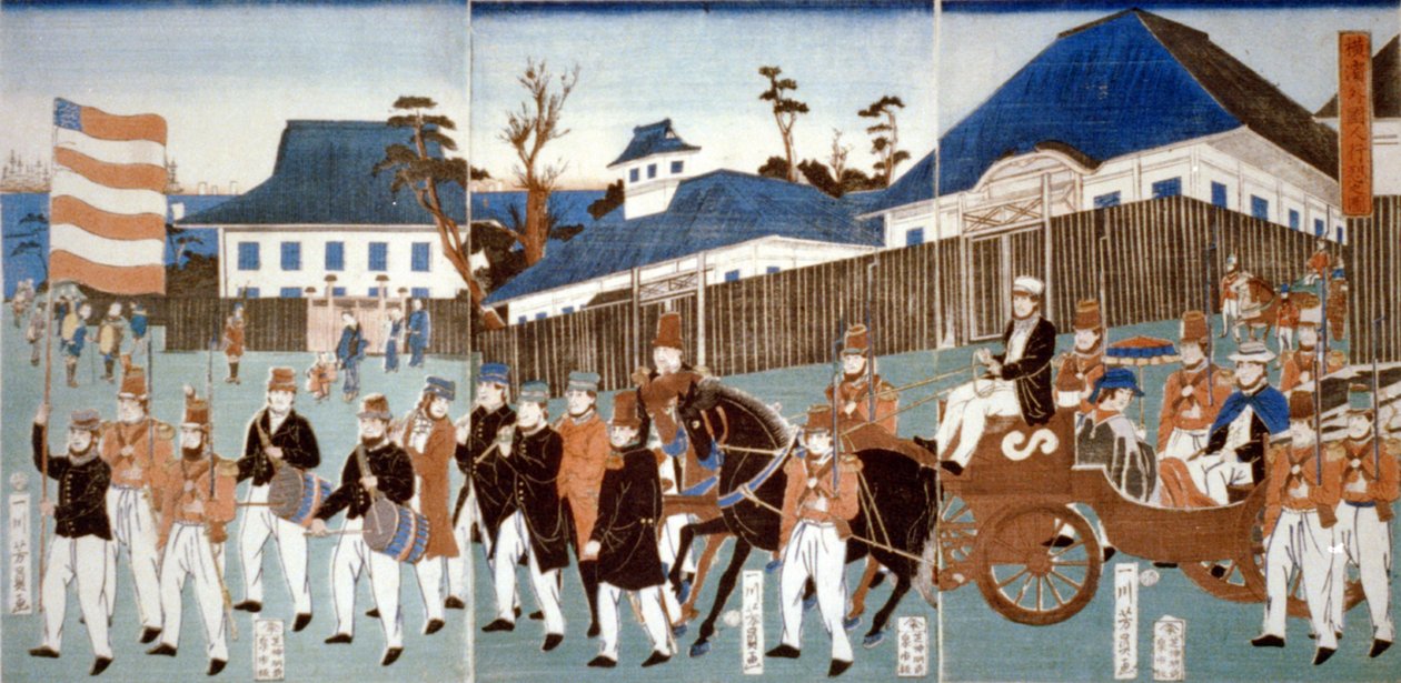 三联画描绘了横滨的外国人游行队伍，他们乘坐敞篷马车，由手持星条旗的男子和军乐队带领，1861 年。 歌川吉川（活跃于1850-1870）日本浮世绘艺术家。 作者 日本学校