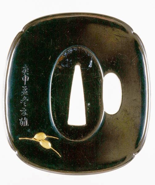 Tsuba，日本剑卫（shakudo铜和金合金）（前视图见210153） 作者 日本学校