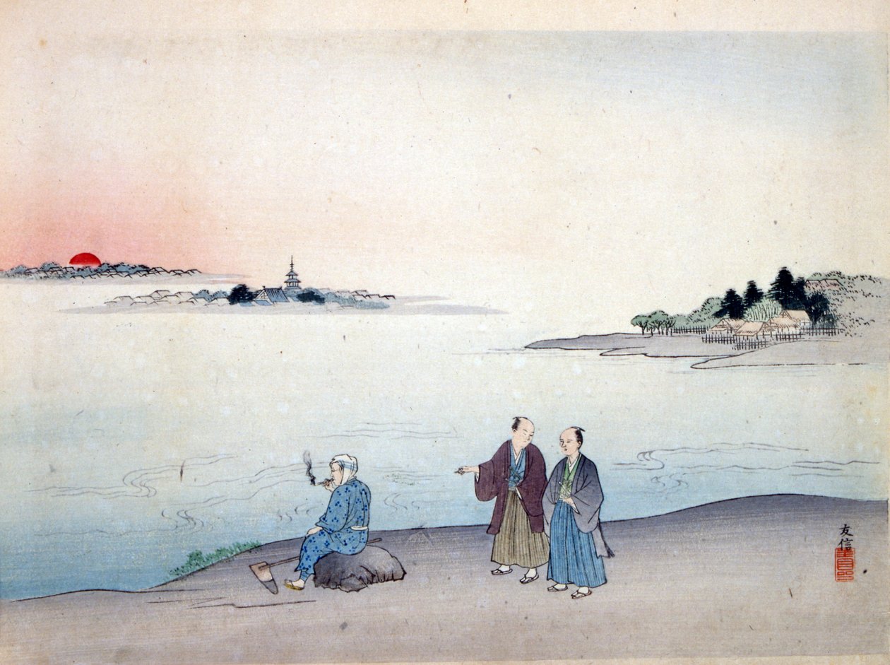 两个人在湖边散步，约1870年 作者 日本学校