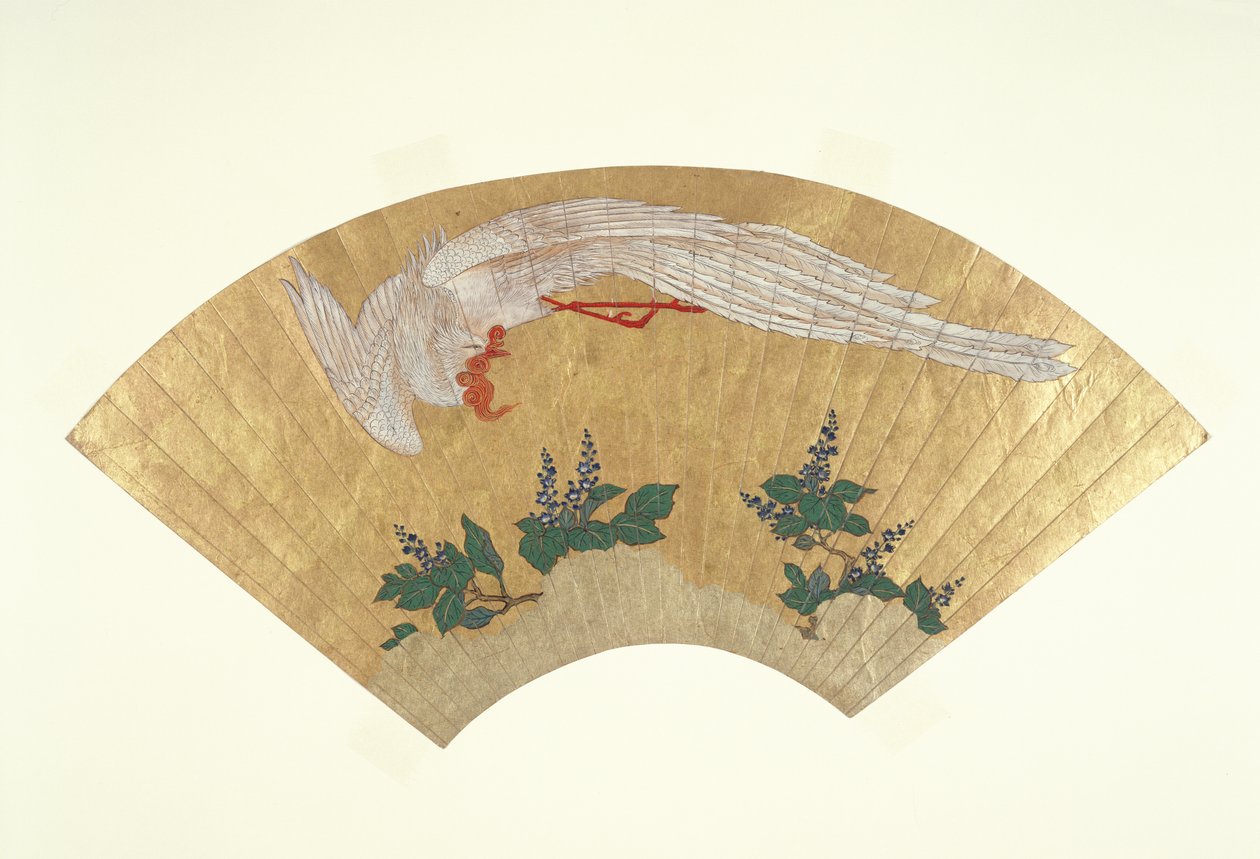 未安装的风扇：鸟类潜入冰雪覆盖的竹子，c.1700-60（黄金和纸上的wc） 作者 日本学校