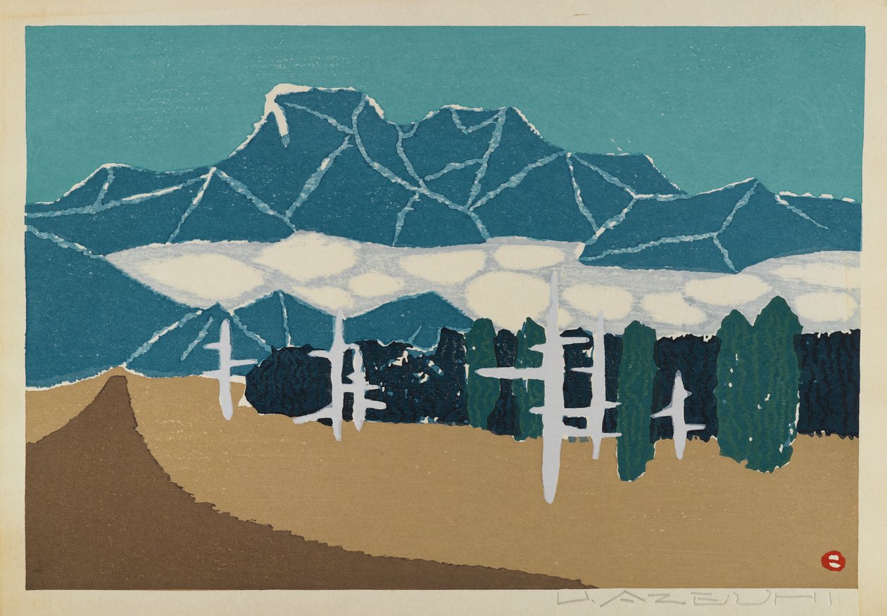 无题（雪山风景），归功于U. Azeuhi（木版彩色印刷） 作者 日本学校