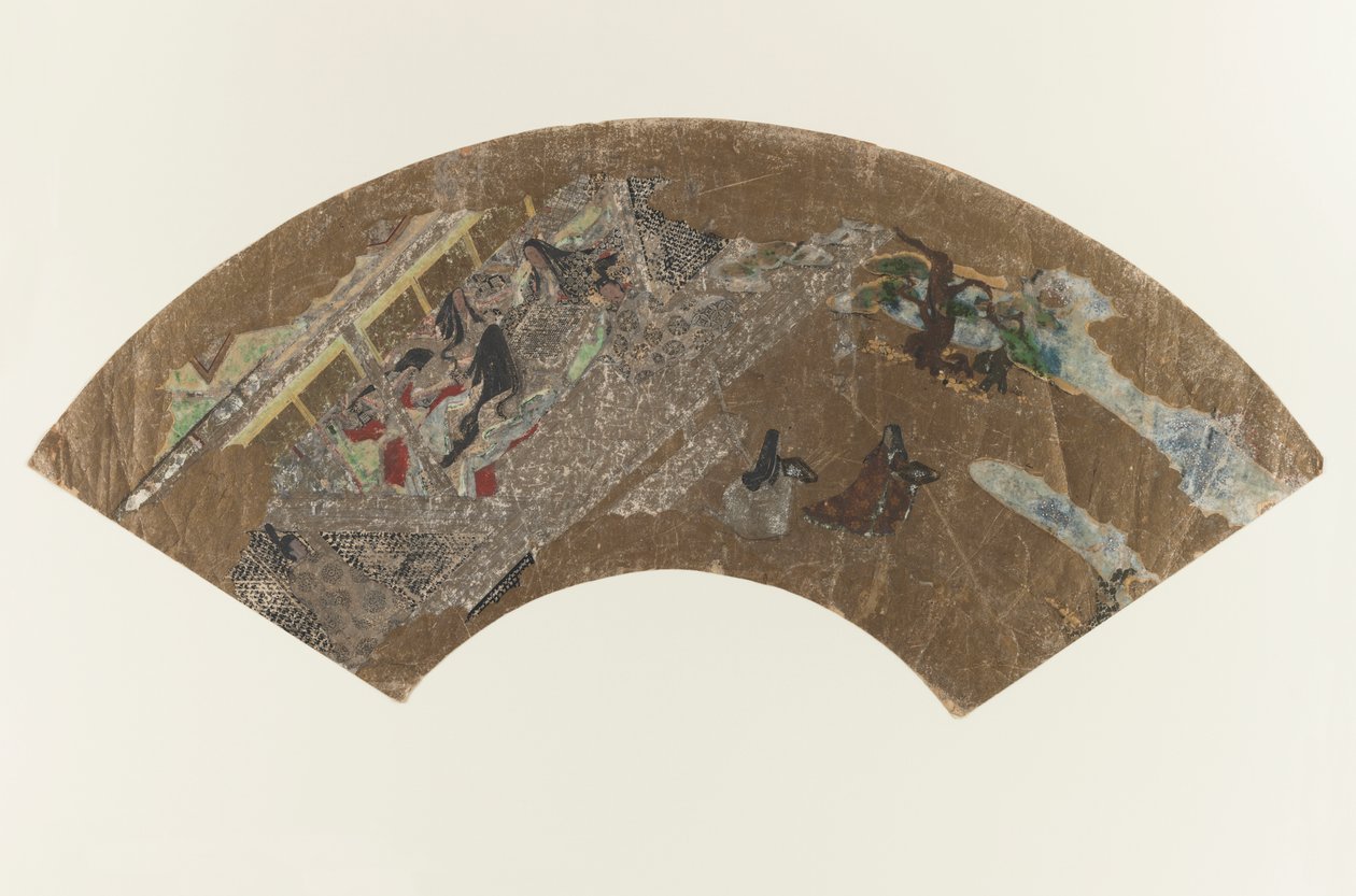 无题 - 扇形画的女士们坐在亭子里玩游戏，1603-1868 作者 日本学校