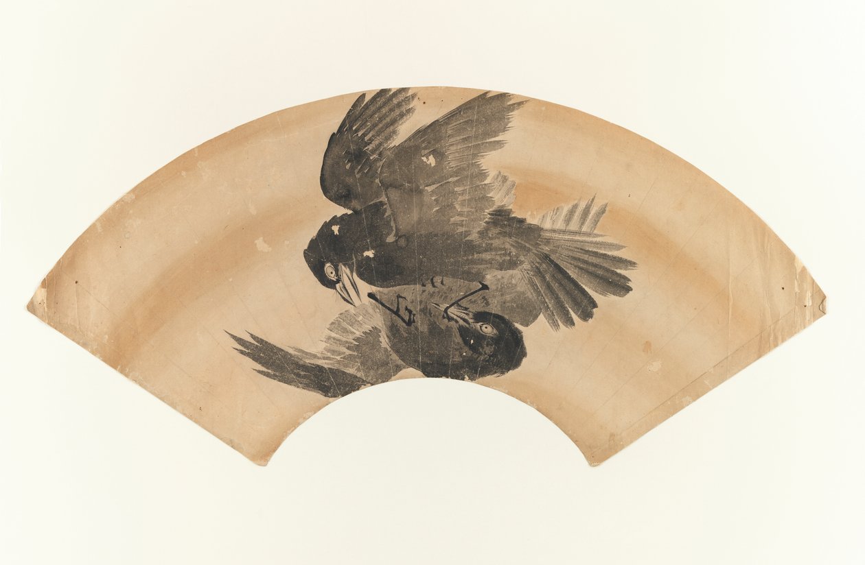 无题 - 两只鸟的扇形画，1603-1868（纸上墨水） 作者 日本学校