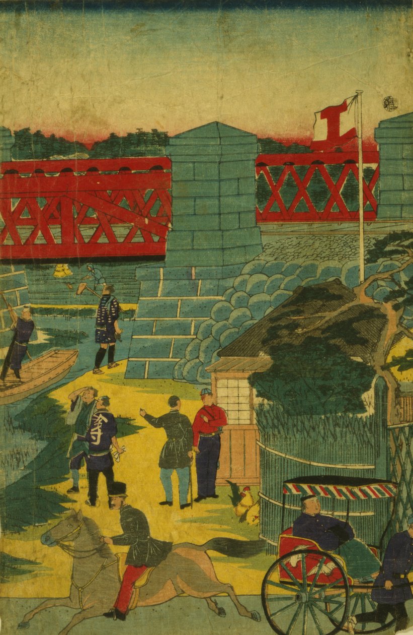 1870年的日本乡村场景，显示人们从事各种活动 作者 日本学校