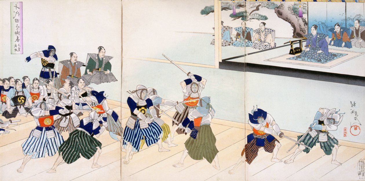 督军手表武士练习他们的剑术（彩色木版画） 作者 日本学校
