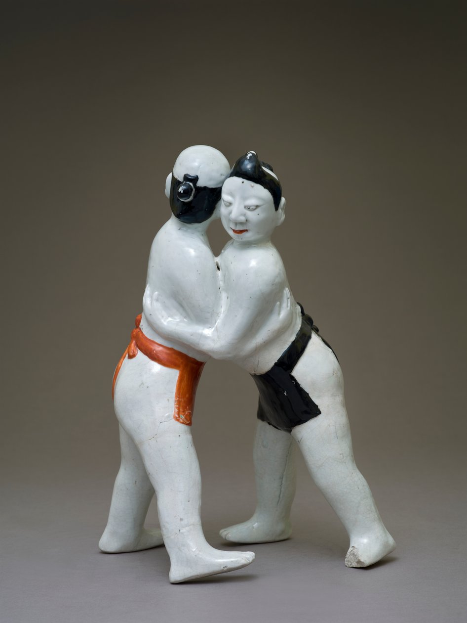 摔跤手，日本人，可能是17世纪（陶器与彩色釉下彩） 作者 日本学校