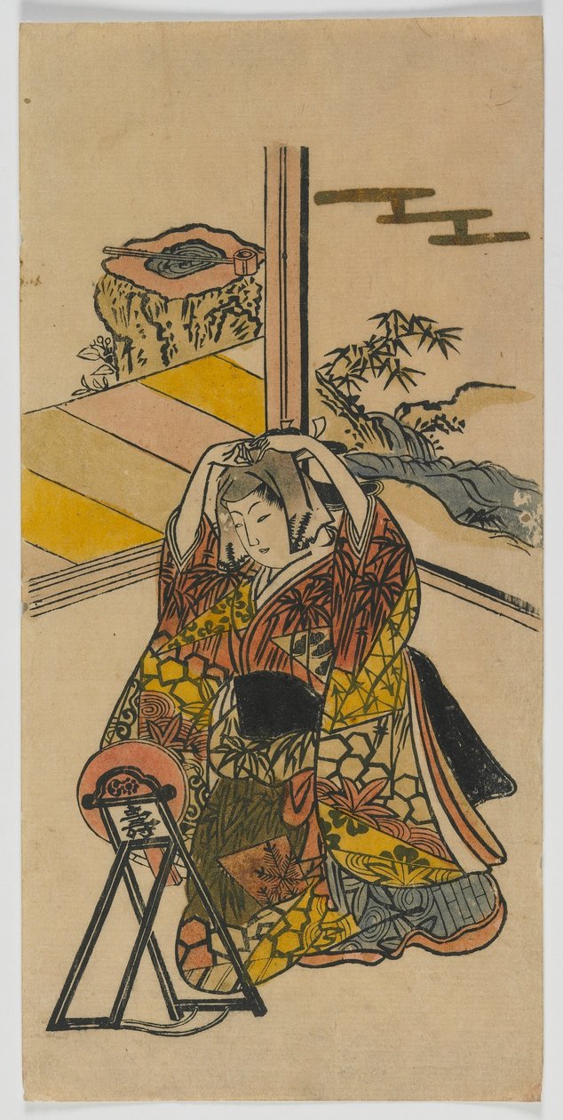年轻女子跪在镜子旁边，江户时代，1720年代（彩色木版画） 作者 日本学校