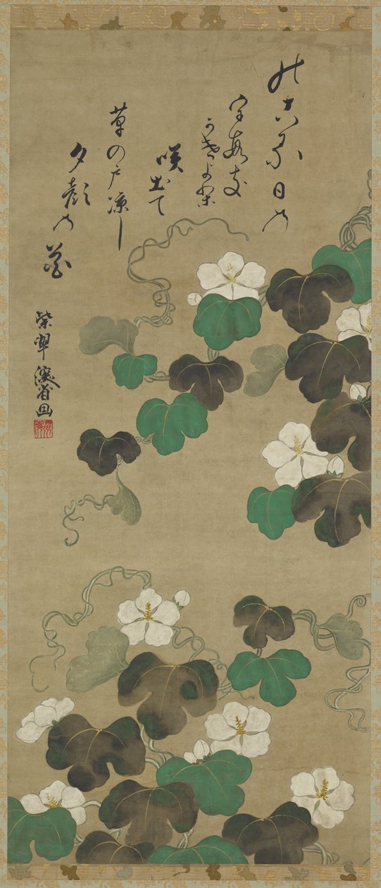 Yugao葡萄藤和一首诗，挂轴（安装在面板上），18-19世纪（纸上的颜色） 作者 日本学校