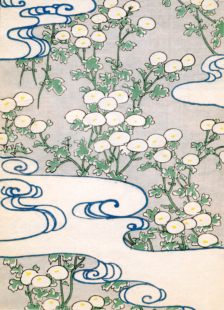 colour woodblock print of Blooming Vines and Wave Pattern 作者 日本学校