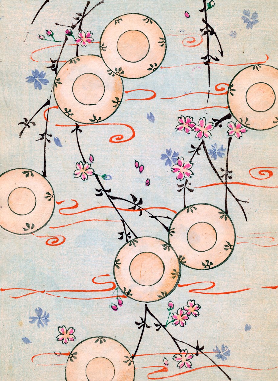 彩色木版画《盛开的樱桃树上的灯笼》。 作者 日本学校