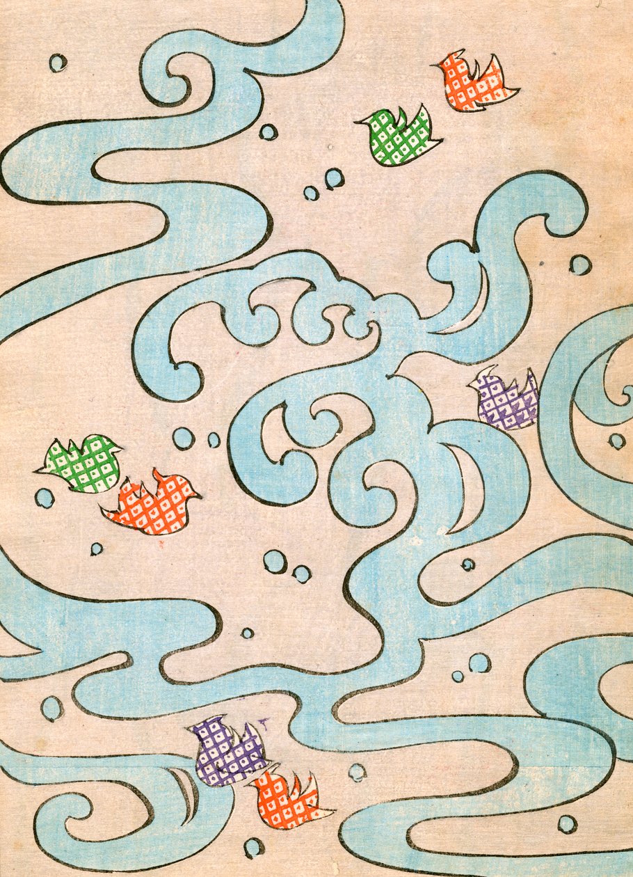 彩色木版画《飞翔在水面上的鸟儿》。 作者 日本学校