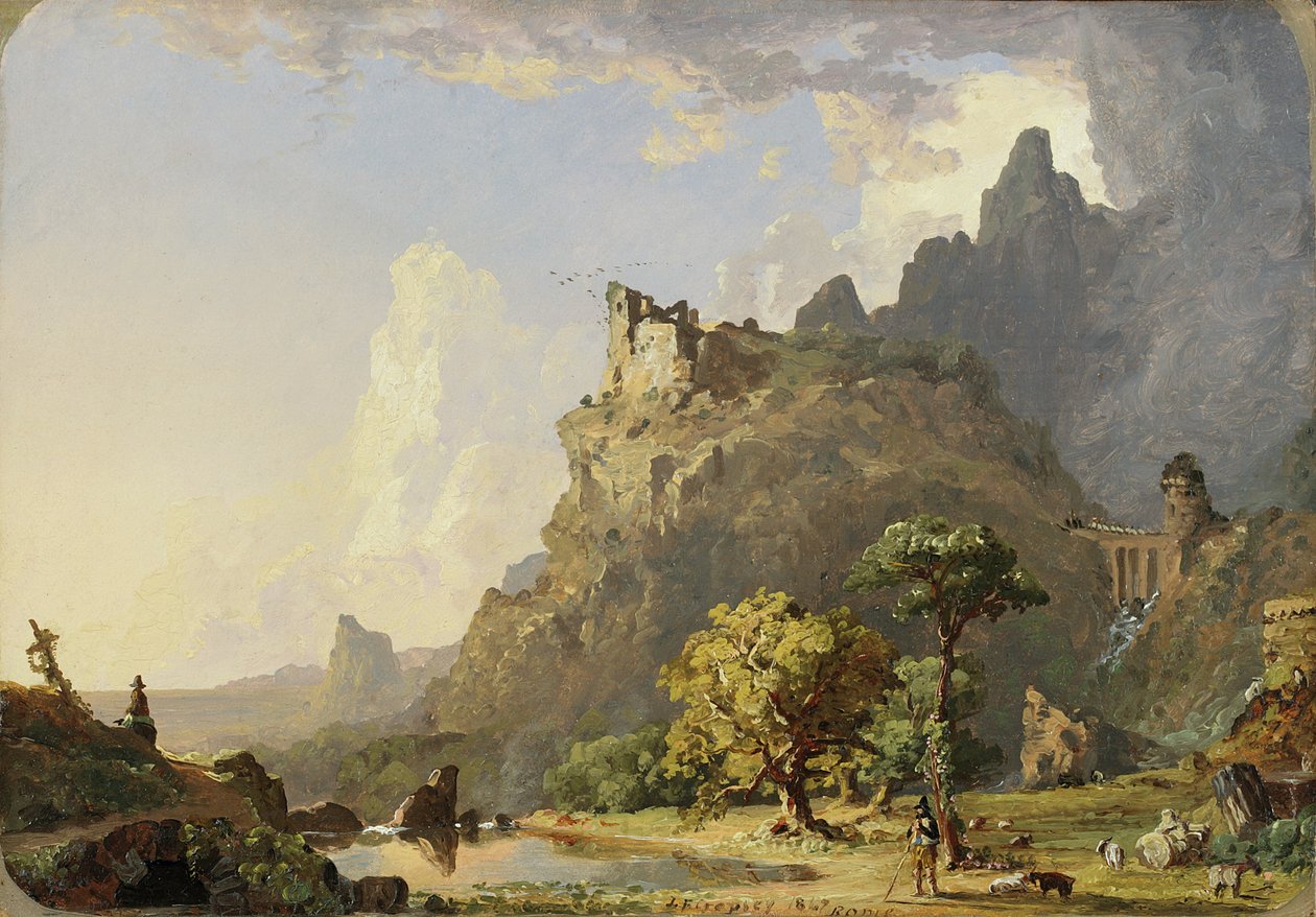 罗马附近的意大利风景：1847年的山间溪流研究（纸上油画，放在画布上） 作者 贾斯珀·弗朗西斯·克罗普西