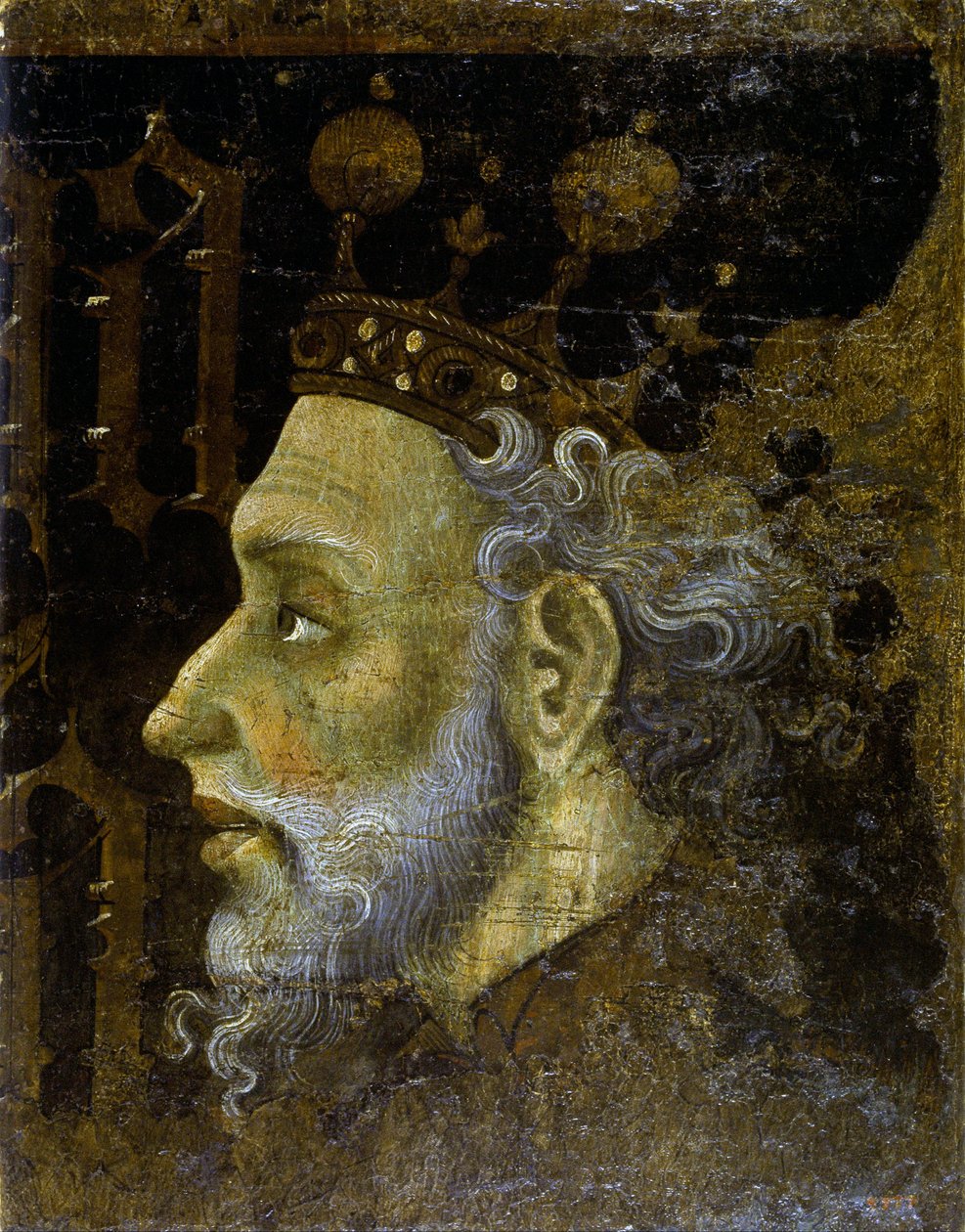 阿拉贡的阿方索五世 dit le Magnanime - 阿方索五世 (1396-1458)，阿拉贡国王 - Jaume (Jaime) Mateu (1382-1452) 的绘画 - 1427 - 面板上蛋彩画 - 56.3x45.3 - 加泰罗尼亚国家艺术博物馆, 巴塞罗那 作者 乌梅·马特乌
