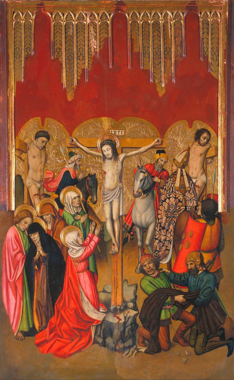 髑髅地 - Calvary - 绘画，Jaume (Jaime) Huguet (1412-1492) - 1455-1460 - 画板上的钢笔画 - 214,4x136 - 巴塞罗那加泰罗尼亚国家艺术博物馆 作者 海梅·休格（Jaume Huguet）