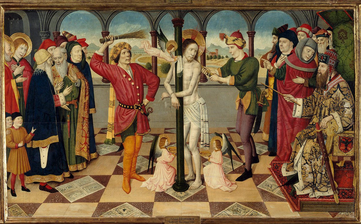 The whipping of Christ before Pontius Pilate. Detrempe on wood by Jaume (= Jaime) Huguet the Elder (1415-1492). Dim. 0,92 x 1,56 m. 作者 海梅·休格（Jaume Huguet）