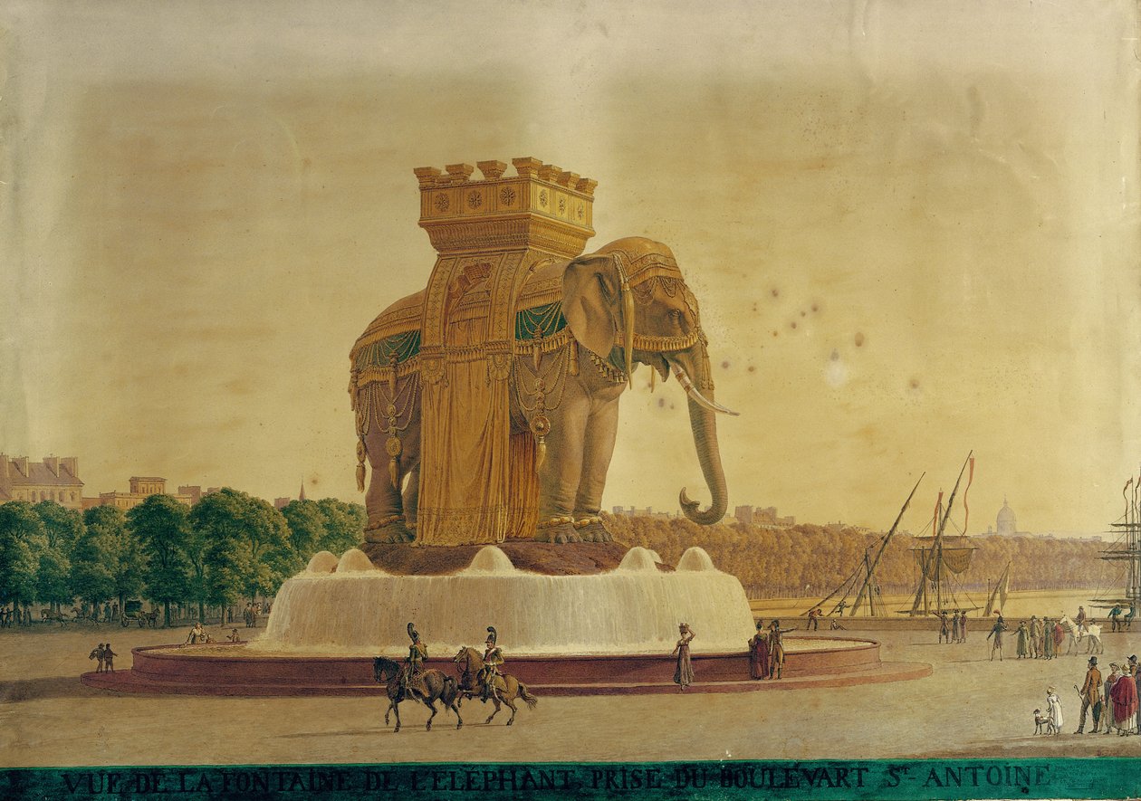 观点的大象喷泉在巴士底广场，c.1805-1810（纸上wc） 作者 让·安托万·阿拉沃因